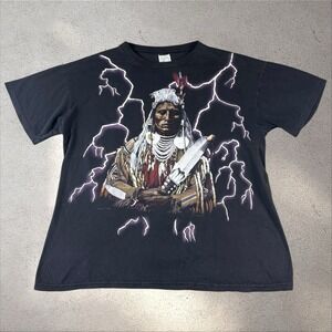 Vtg AOP 90s American Thunder Native American Lightning Eagle Boxy  T-Shirt Sz XL